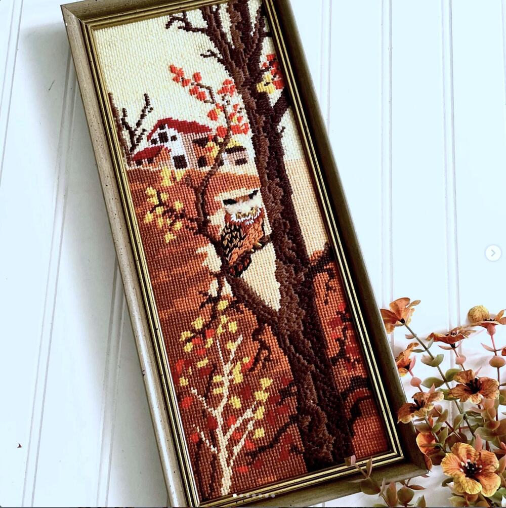 Vintage Needlepoint Autumn Fall Trees Owl Fluffy Eyebrow 1980s Needlework